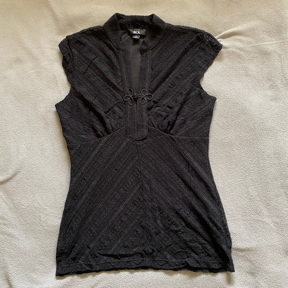 BCX Black Lace Mandarin Top with Cap Sleeves